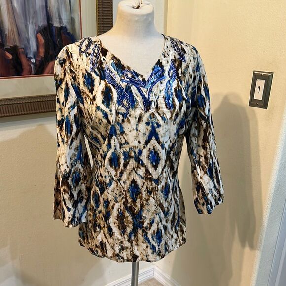 Chico’s Blue/Brown Patterned Tunic w/ Sequin Embellishments Size Large-2 - Picture 2 of 11